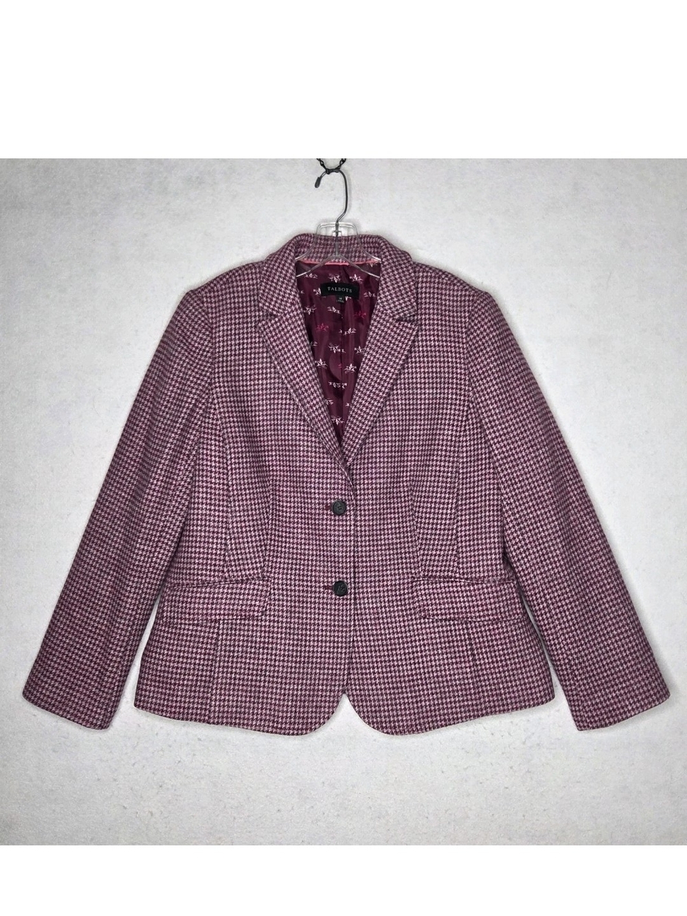 Talbots Shetland Wool Blend Houndstooth Blazer Size 14 Preppy Dark Academia Pink